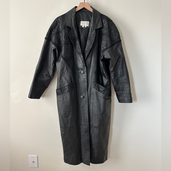Vintage Black Contrasting Paisley Leather Panels Trench Jacket By: Studio C Sz L - Picture 2 of 12